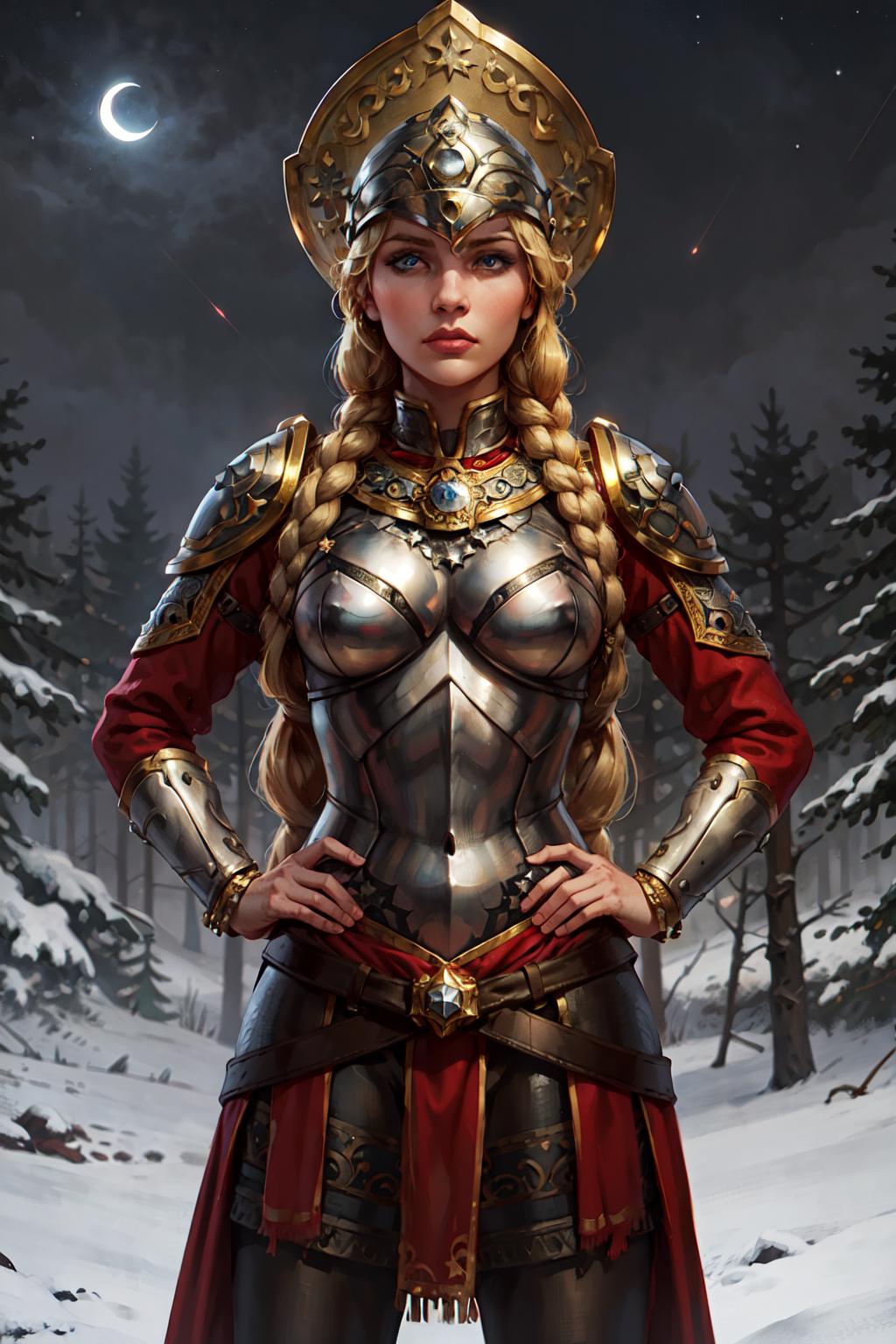 A warrior princess in a fantasy art piece, wearing a golden armor and holding a sword.