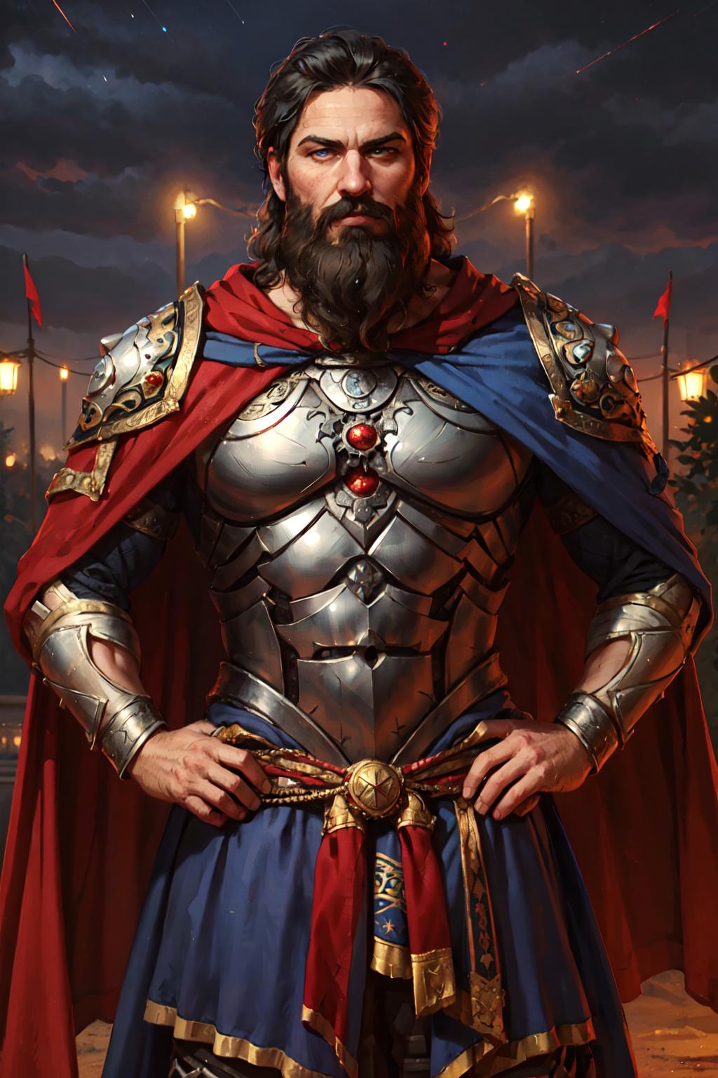 Vintage artwork of a warrior with a red cape, beard, and blue and red armor.