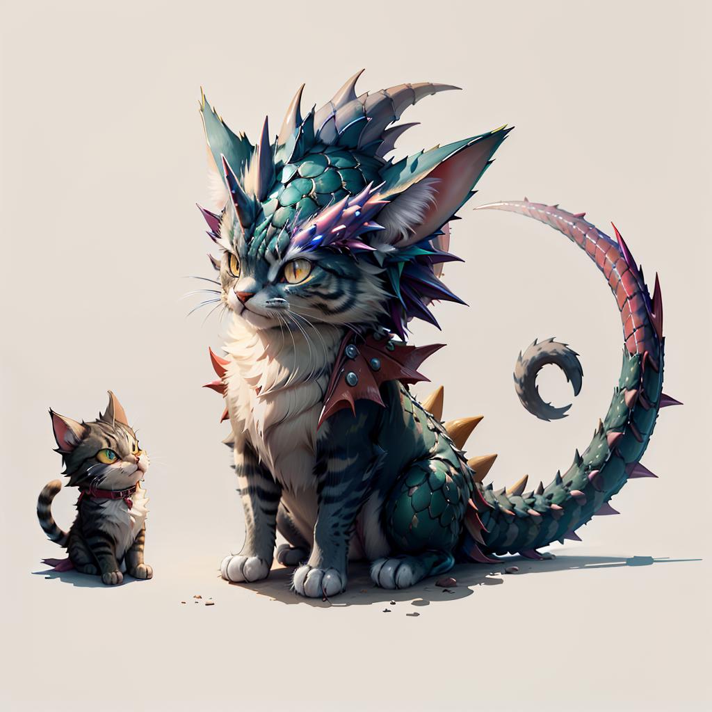 Cartoon illustration of a cat with spikes and a smaller cat next to it.