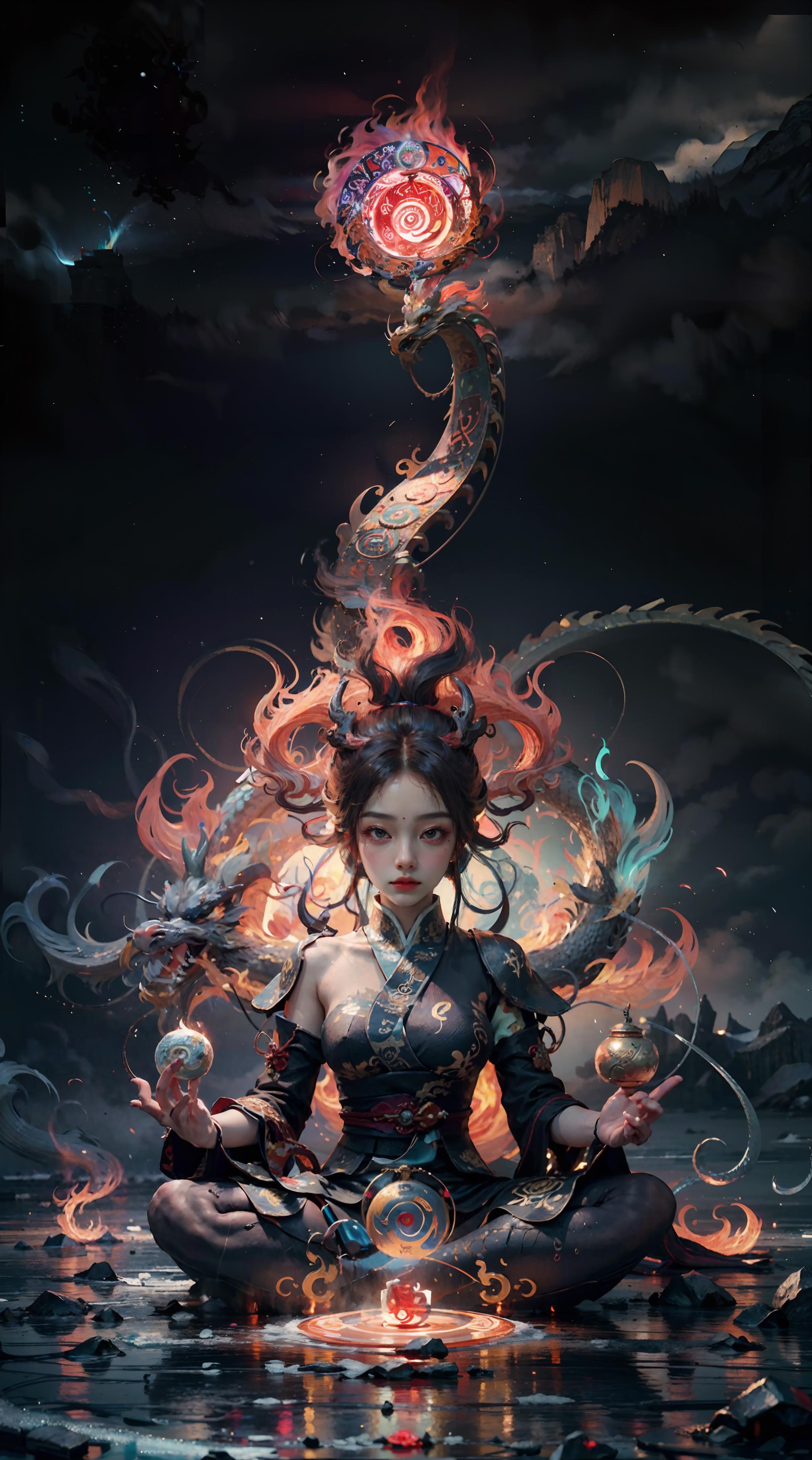 A woman dressed in a Chinese-style dress, surrounded by dragons and holding two orbs.
