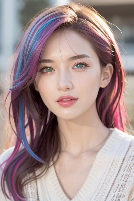 A woman with colorful hair and green eyes looking at the camera.