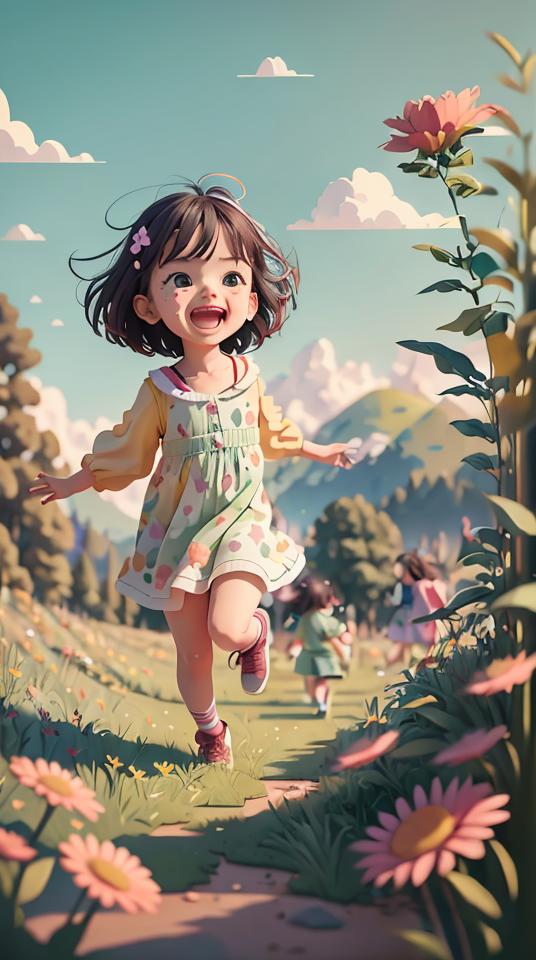 A little girl running through a field with other children.