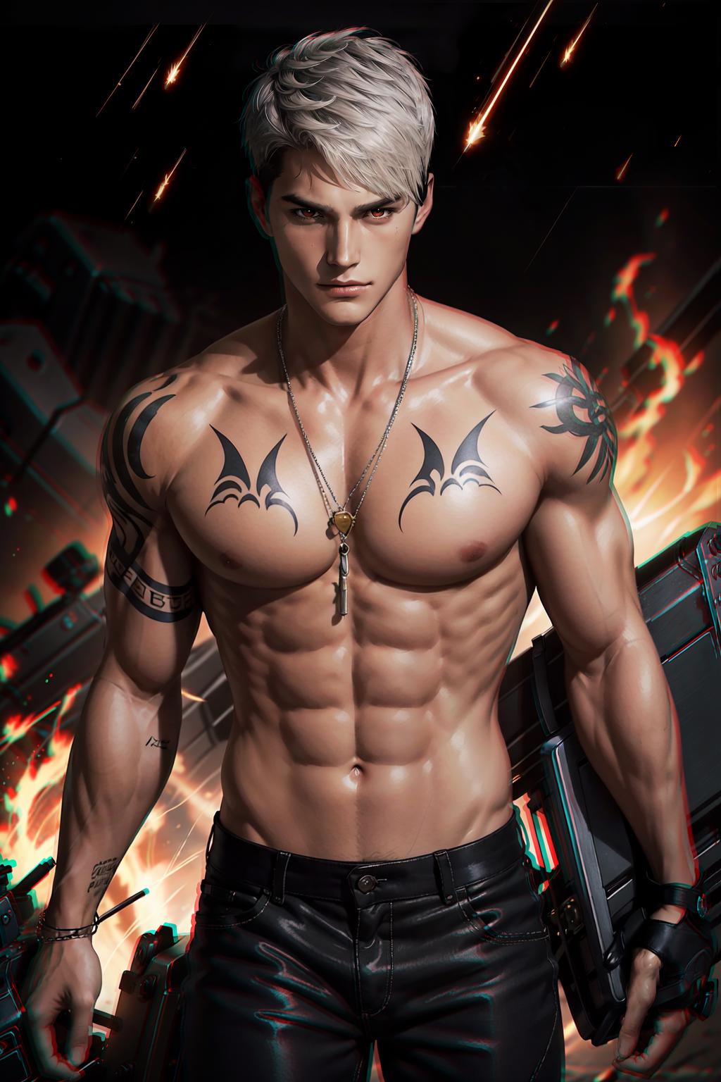 A shirtless man with tattoos and a necklace posing in front of a fire.