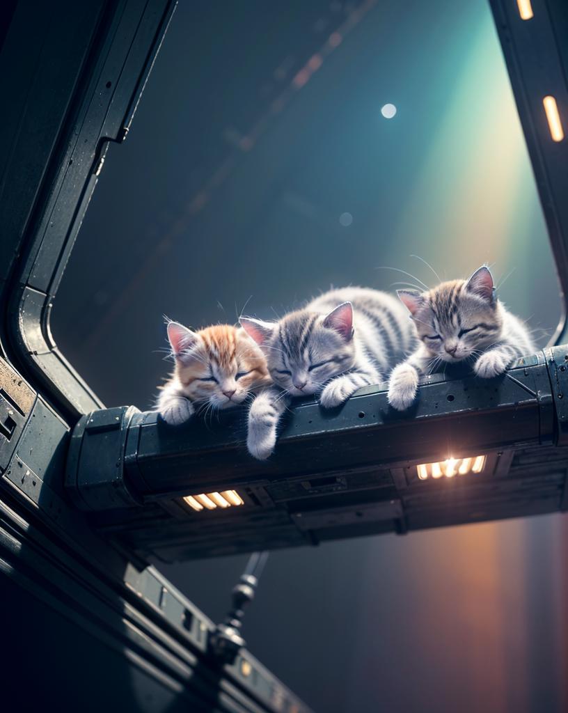 Three Kittens Sleeping on a Platform with Lights Above