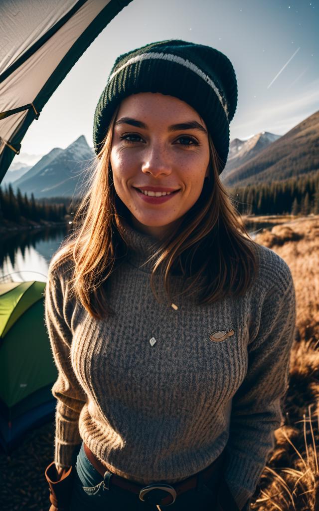 A smiling woman wearing a beanie and a sweater poses in front of a mountain.