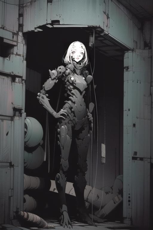 A comic book character with a robotic body and a sword in a dark, industrial environment.