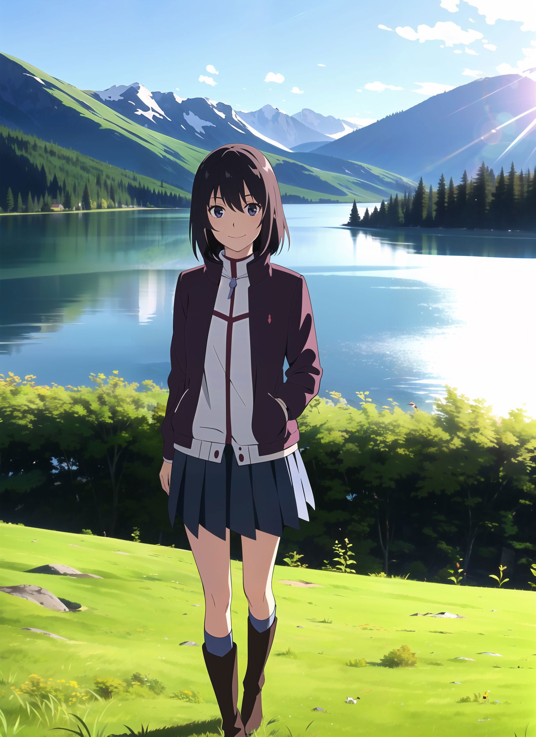 A girl wearing a maroon jacket and a skirt stands on a hill overlooking a lake.