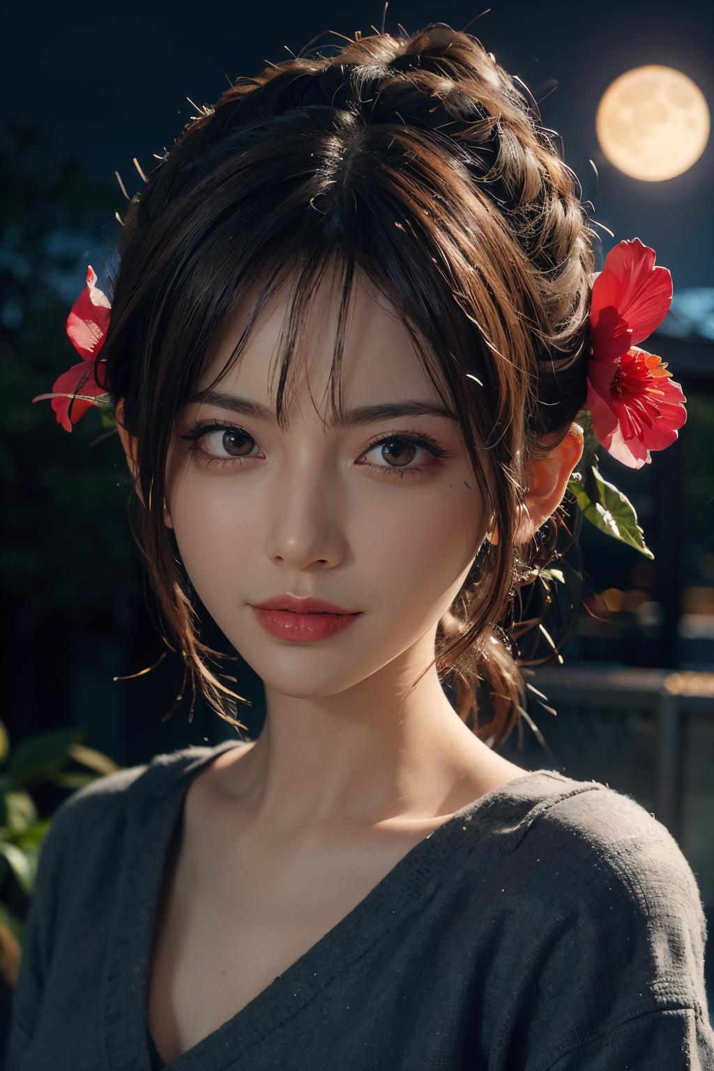 A woman with brown hair and a red flower in it.