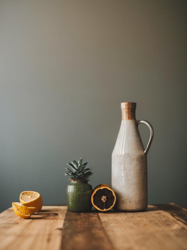 A vase, a green plant, a lemon, and an orange on a wooden table.