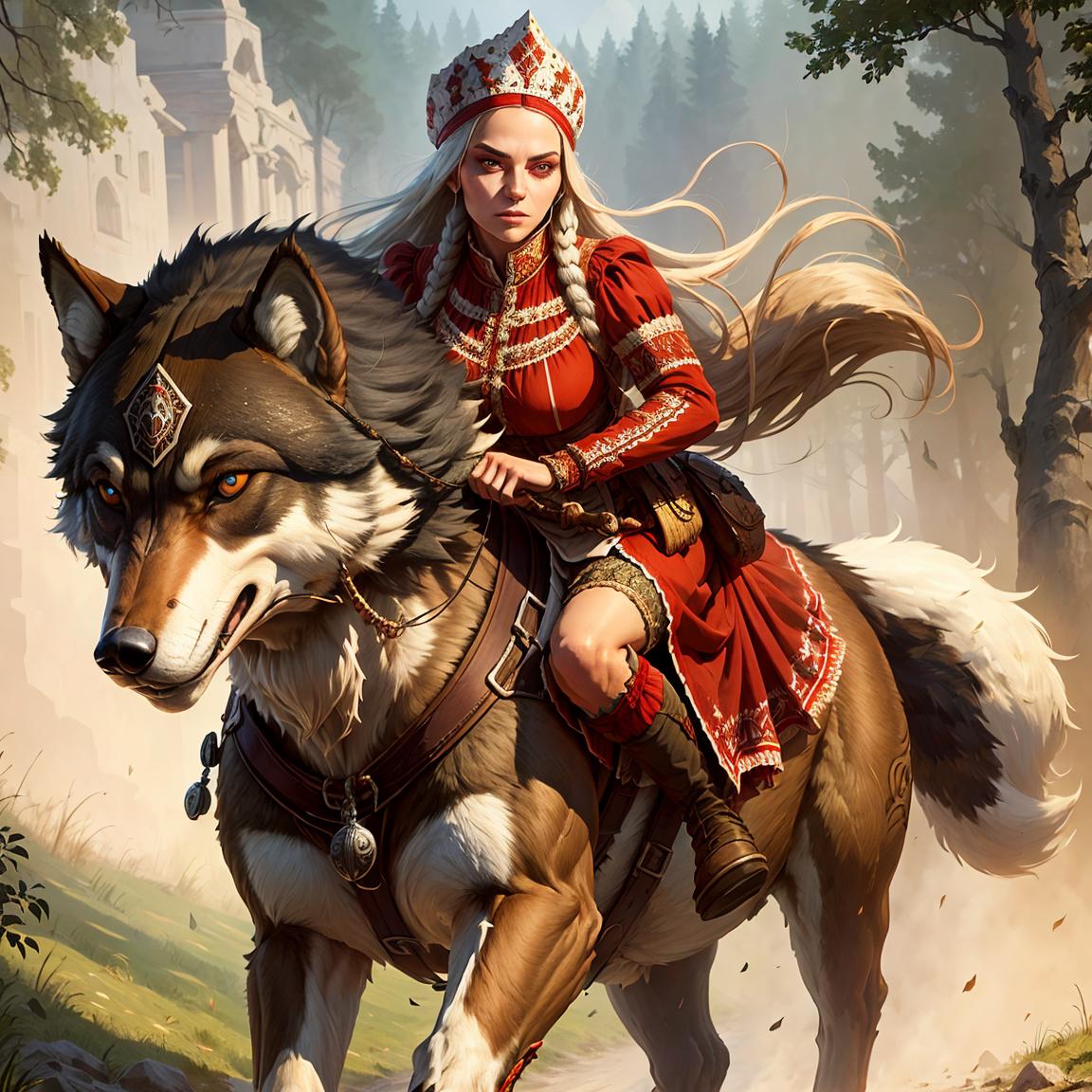 A woman wearing a red dress riding a wolf.