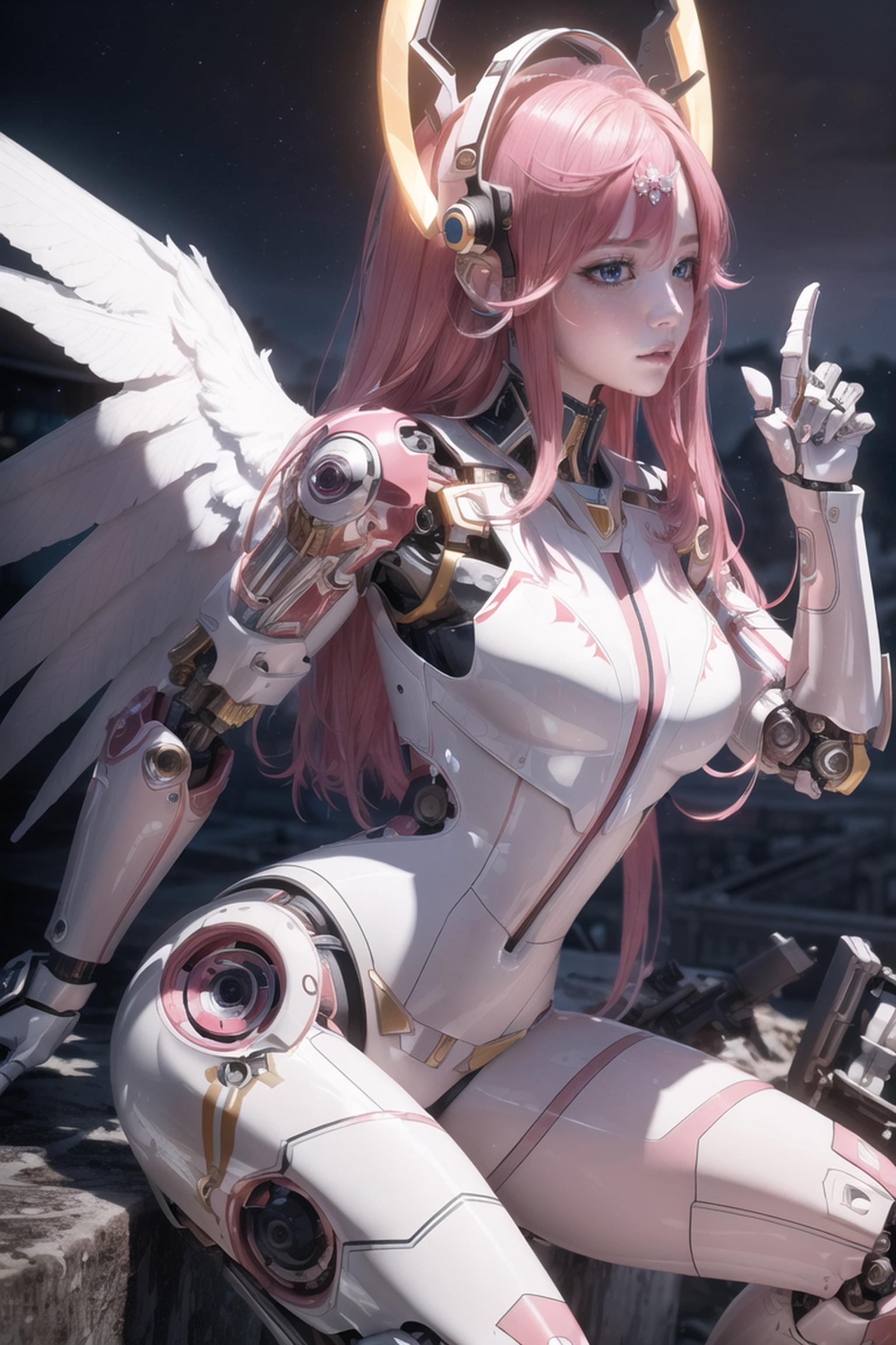 A pink-haired robotic woman with wings and a sword.