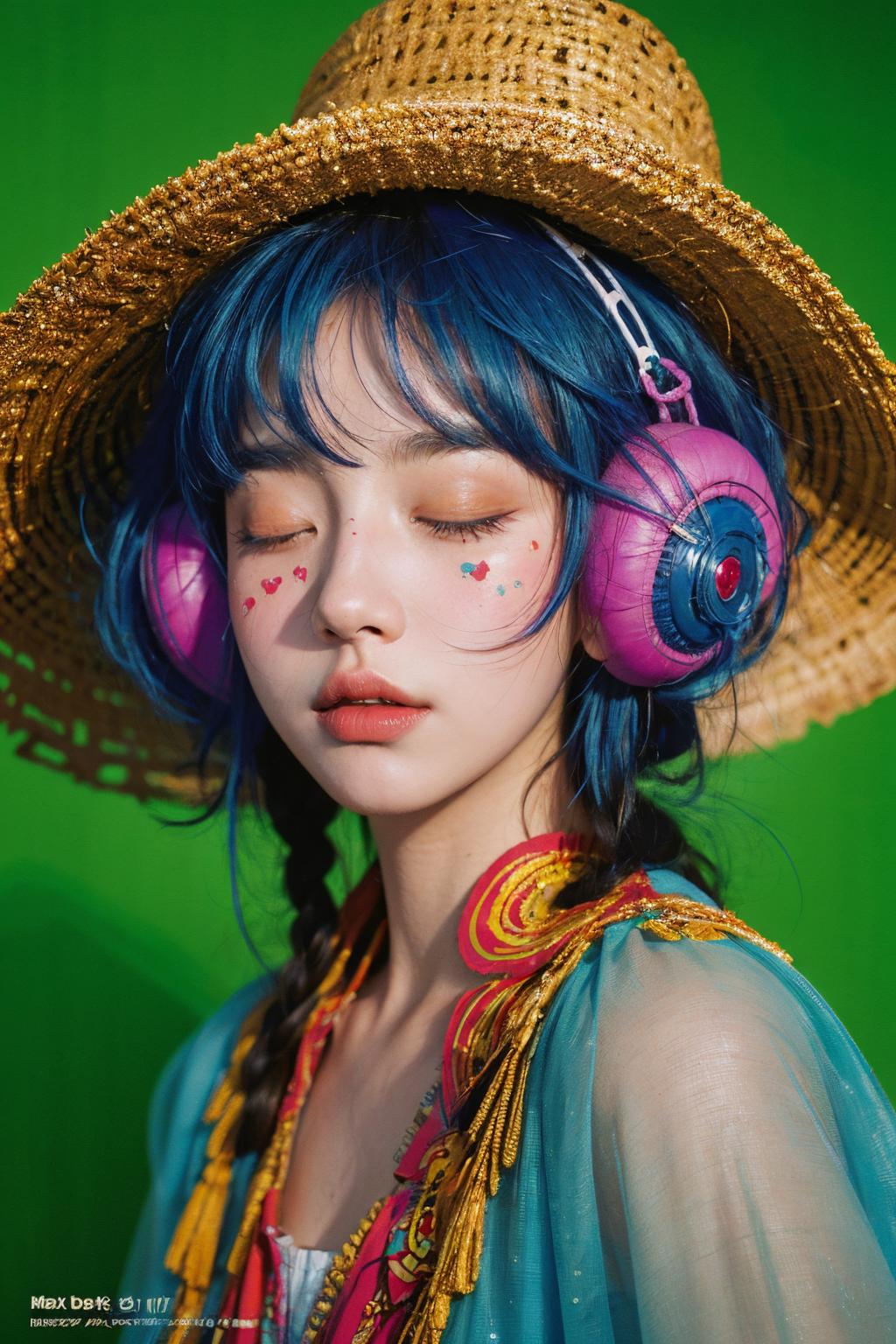 A girl with blue hair and pink hearts on her cheeks wearing headphones.