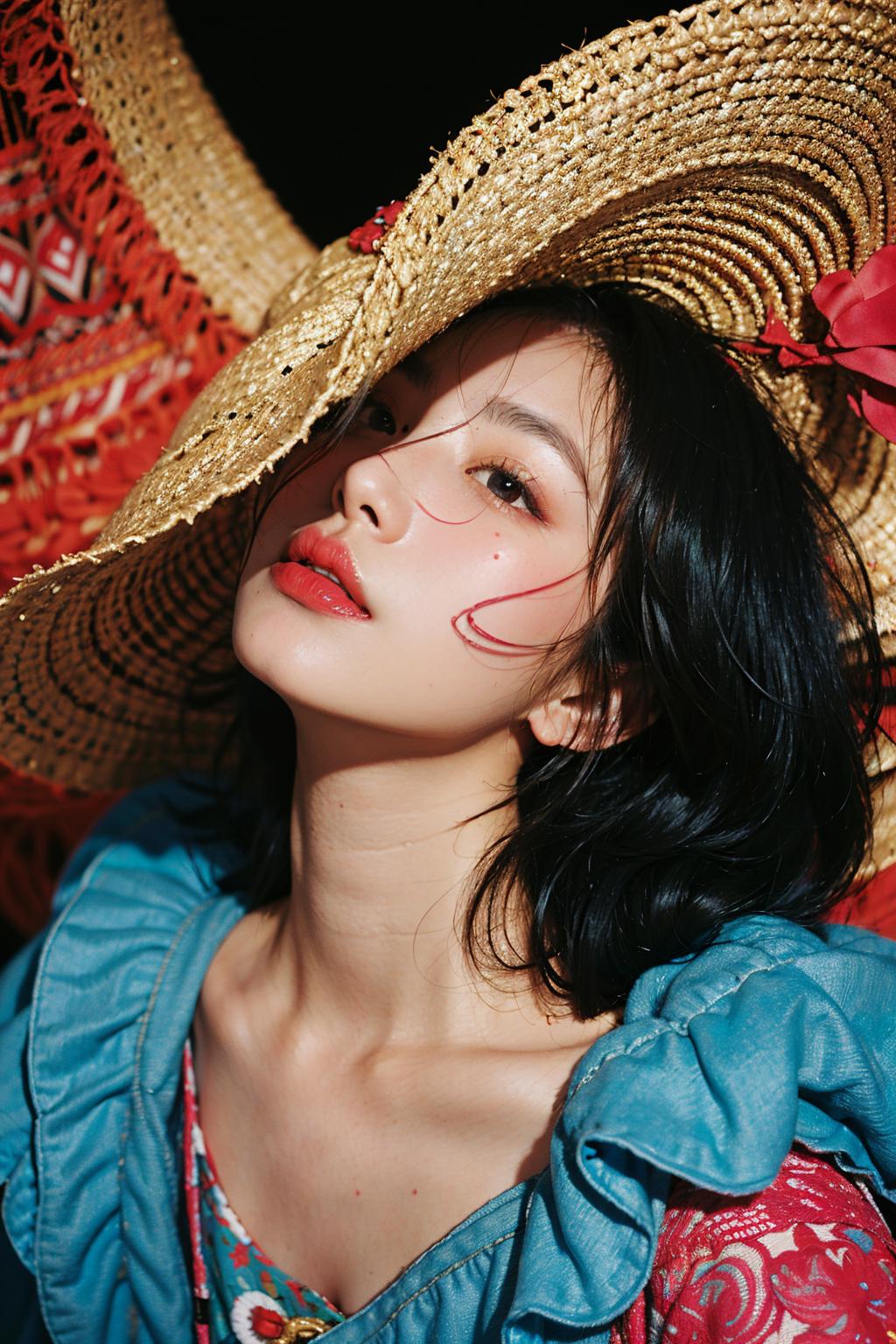 A young Asian girl wearing a straw hat with a red flower and red lipstick, looking up.