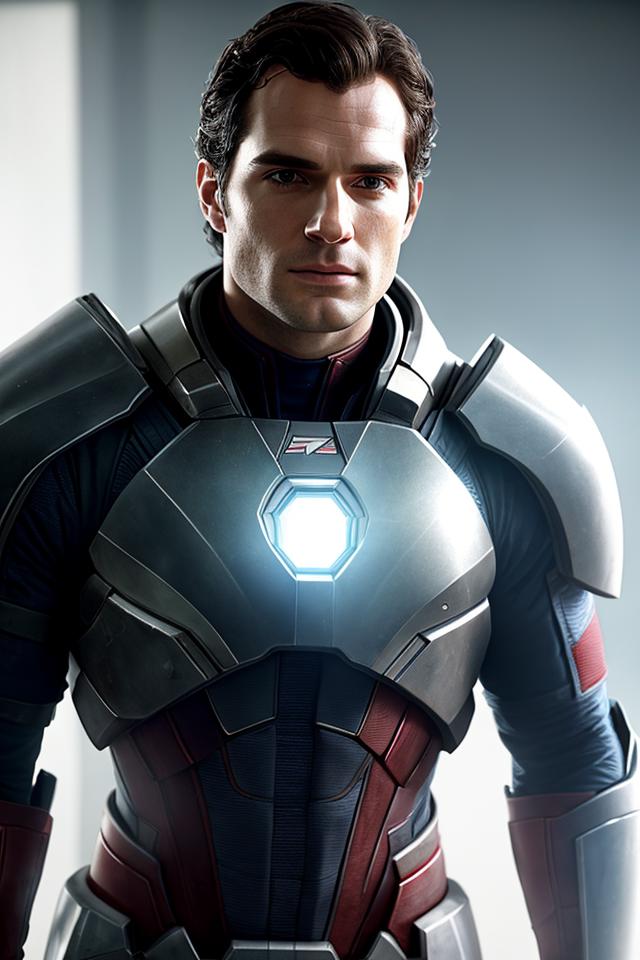 A superhero with a light on his chest, wearing a suit with a red and blue striped outfit.