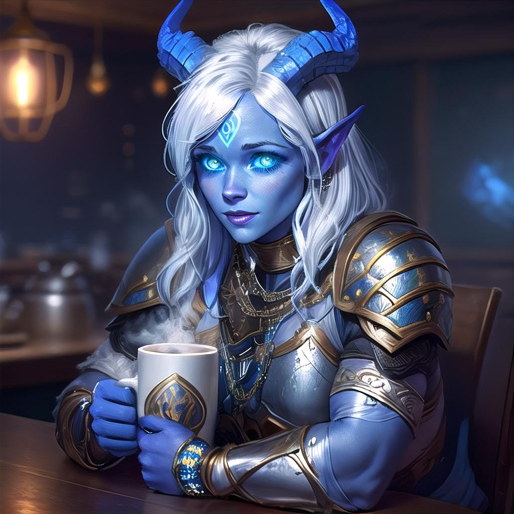 A blue-skinned female character with a horned head sitting at a table.