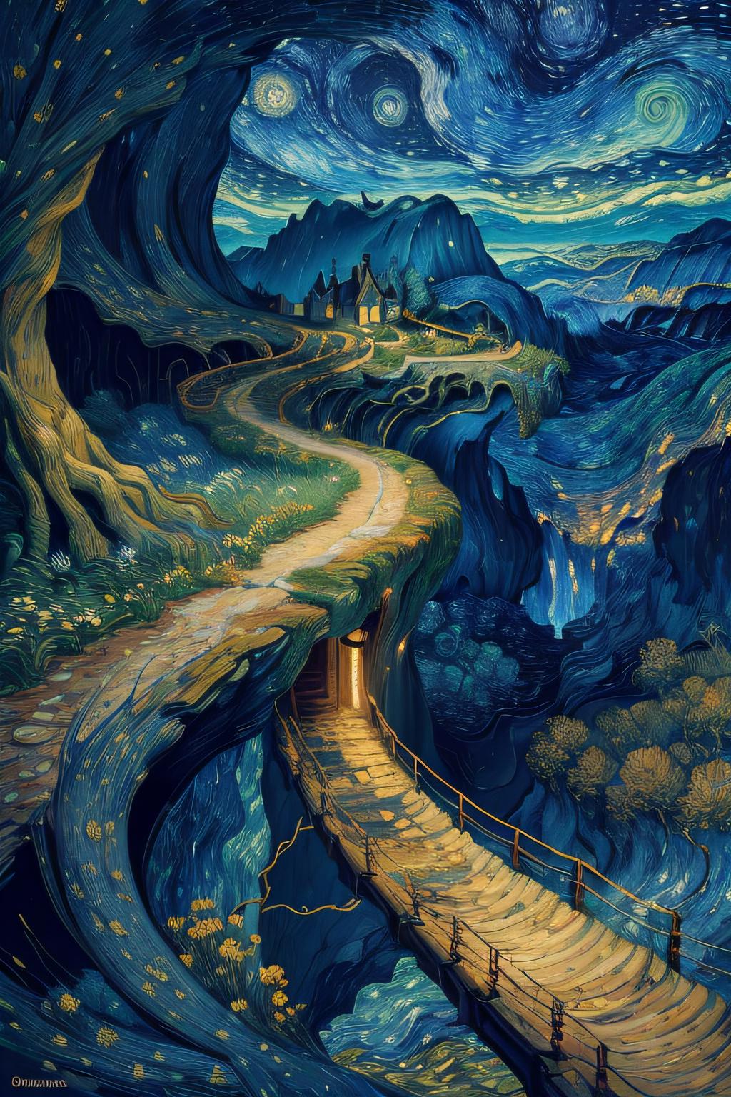 A painting of a mountain and a road going through the mountains.