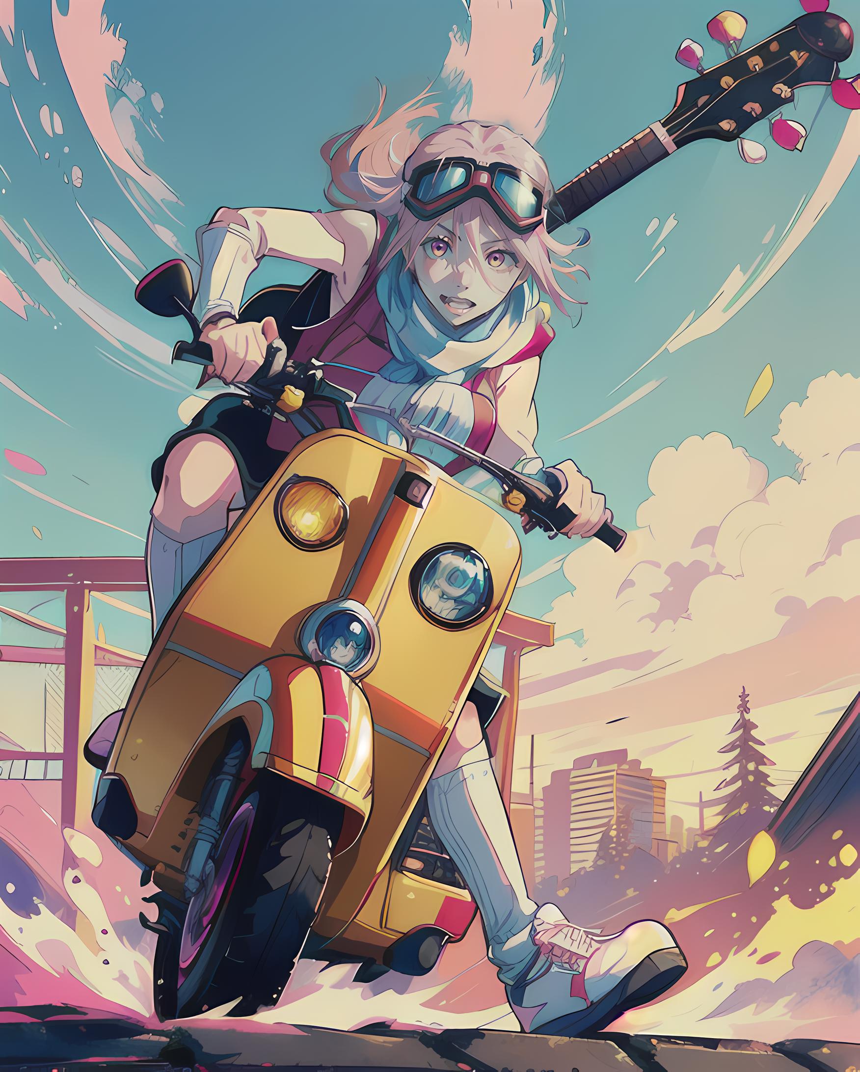 "Anime-style woman riding a motorcycle with a guitar on her back".