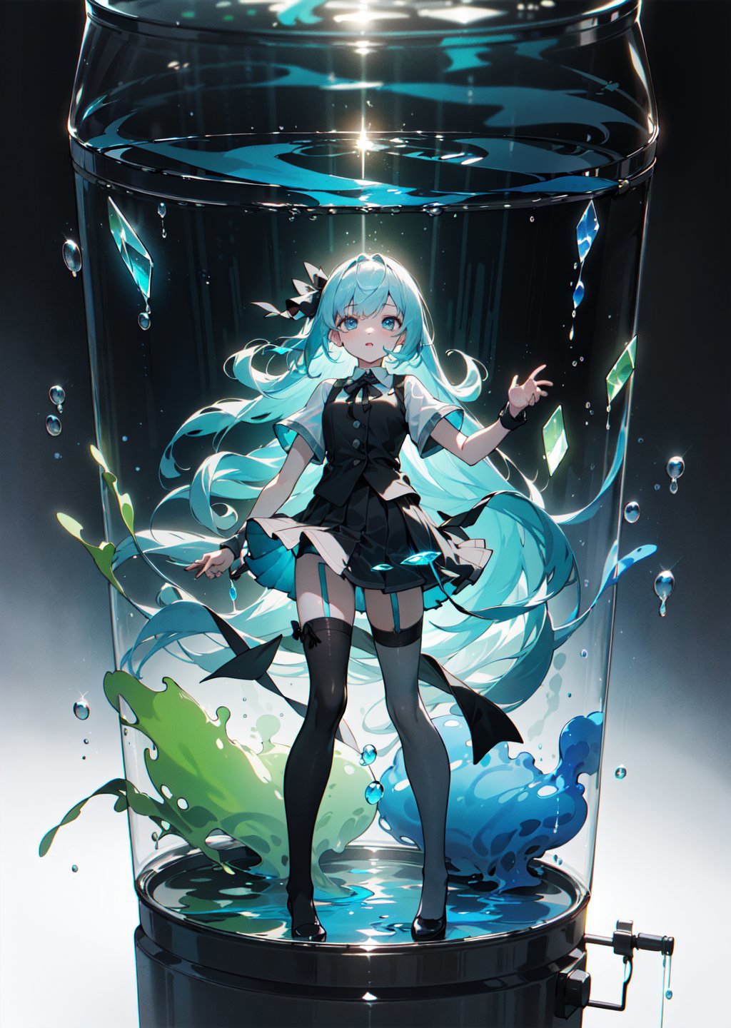 A young girl with blue hair and a black dress is posing as a merman in a glass case.