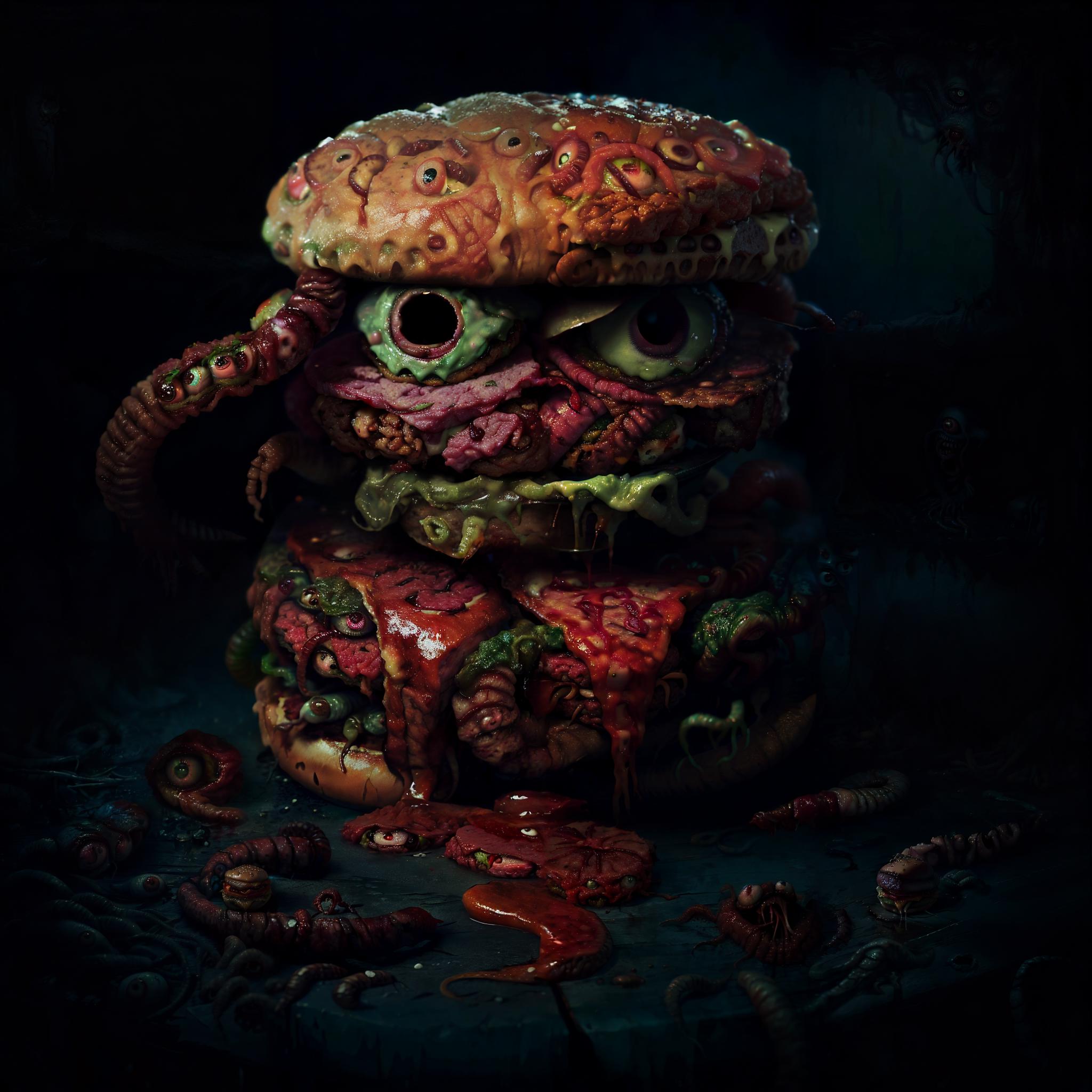 Monstrous Hamburger with Eyes and Tentacles - A Nightmarish Artistic Creation