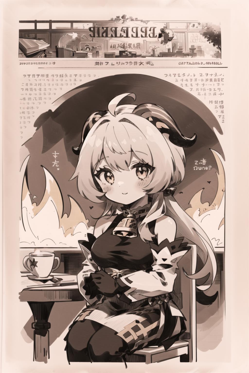 Anime character sitting at a table with a cup.
