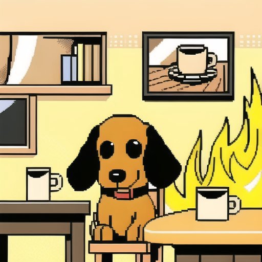 A dog sitting at a table with two cups of coffee.