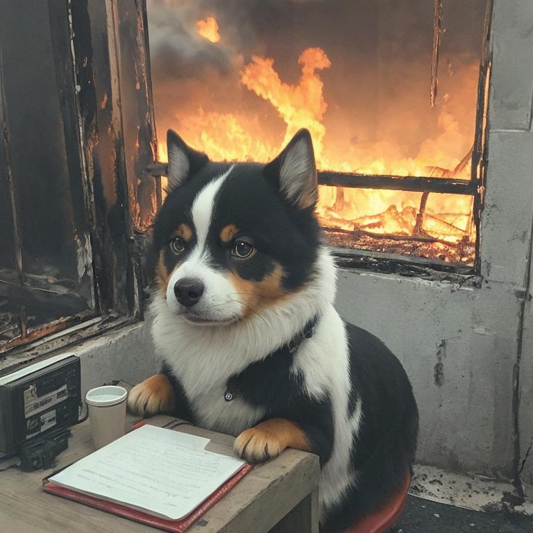 A small dog sitting on a chair in front of a window, with a cup and a book nearby.