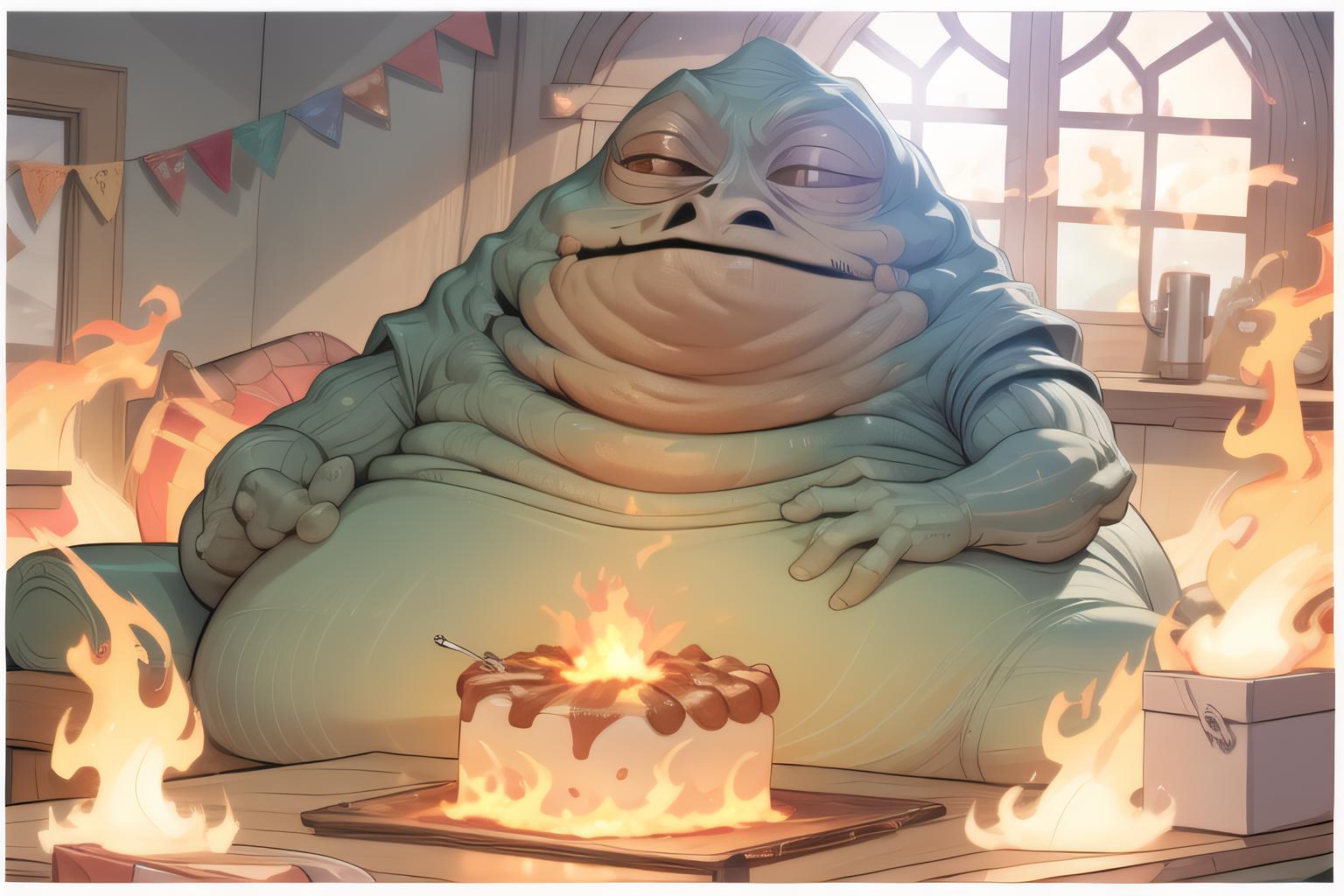 A cartoon drawing of a large, slimy monster sitting in front of a cake. The monster has a big belly and is looking at the cake, possibly contemplating eating it. The scene is set in a room with a dining table and a couch in the background.