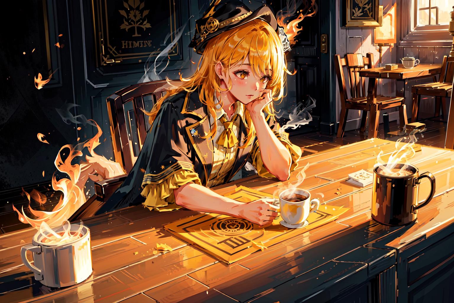 A woman sitting at a wooden table with a coffee mug in front of her.