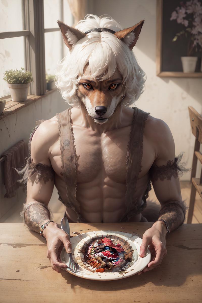 Man with a beastly appearance eating a plate of food.