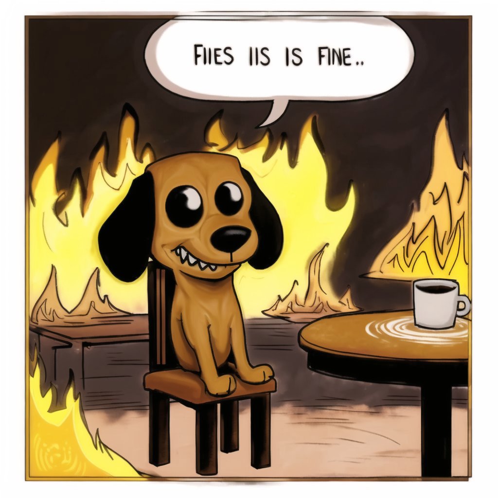 A cartoon dog sitting at a table with a cup and fire in the background.