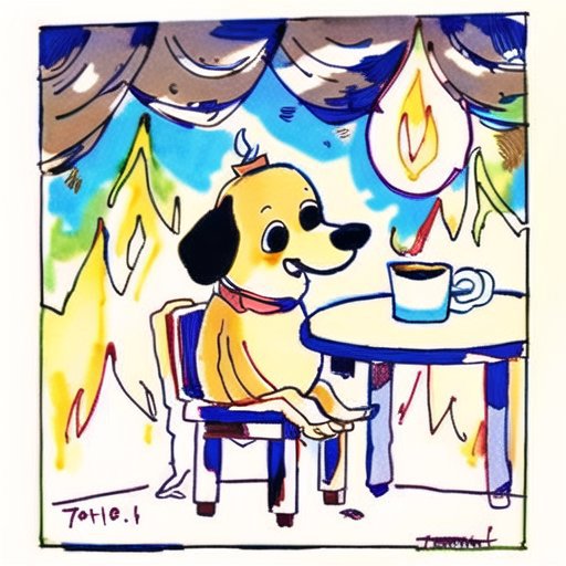 A dog sitting at a table with a cup of coffee.