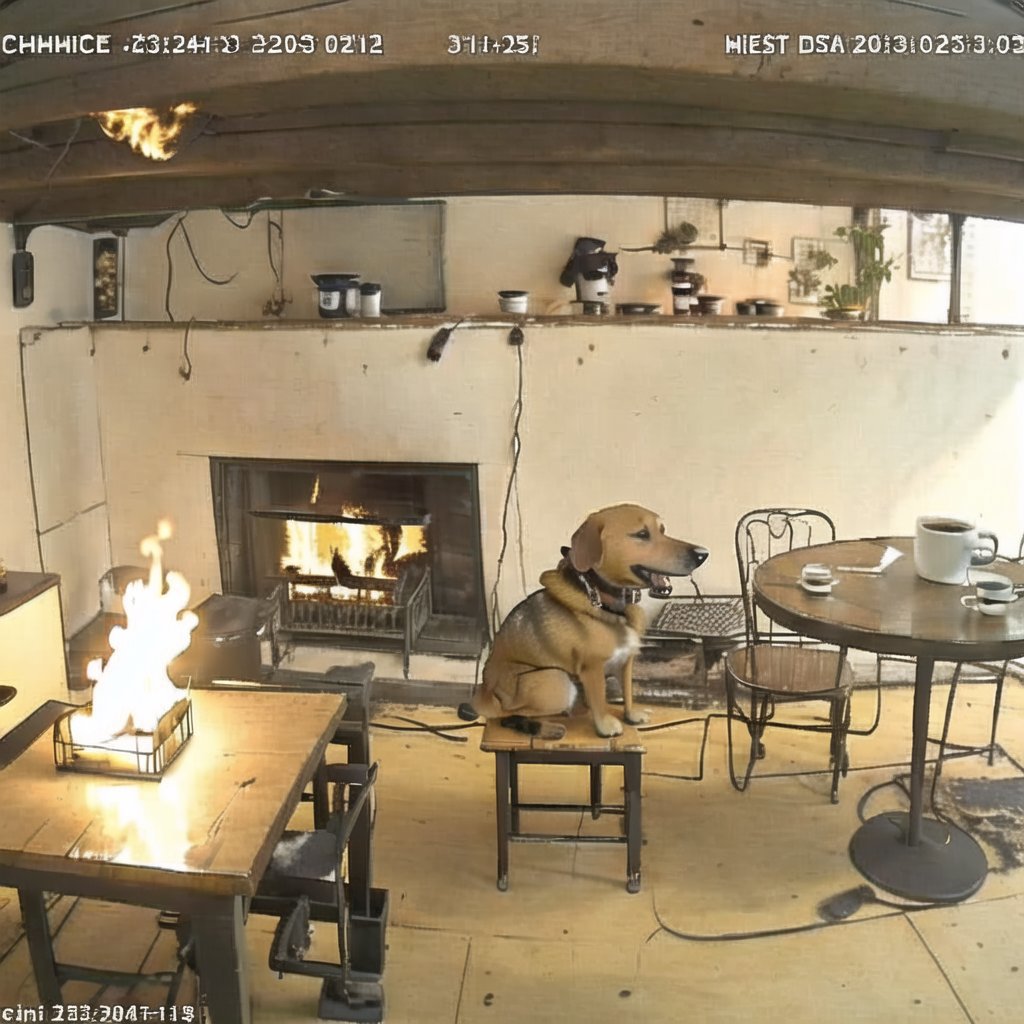 A dog sitting on a stool in front of a fireplace.