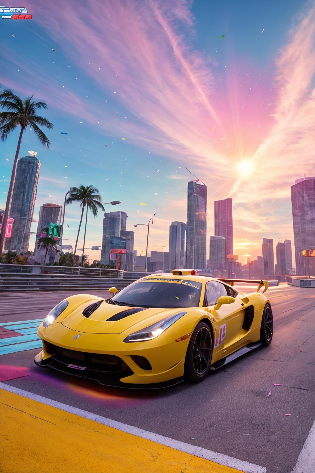 A yellow sports car on a city street at sunset.