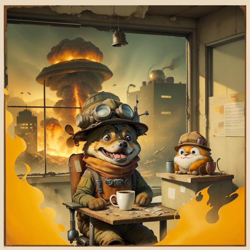 A cartoon dog in a uniform sits at a desk with a mug of coffee.