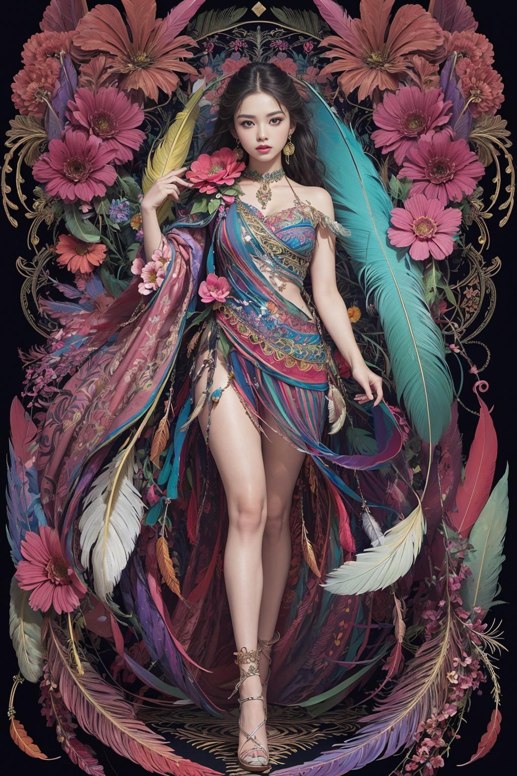 A beautiful woman wearing a colorful dress and holding a feather.