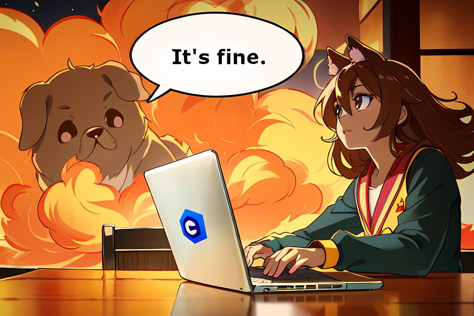 A cartoon girl using a laptop while a dog looks on.