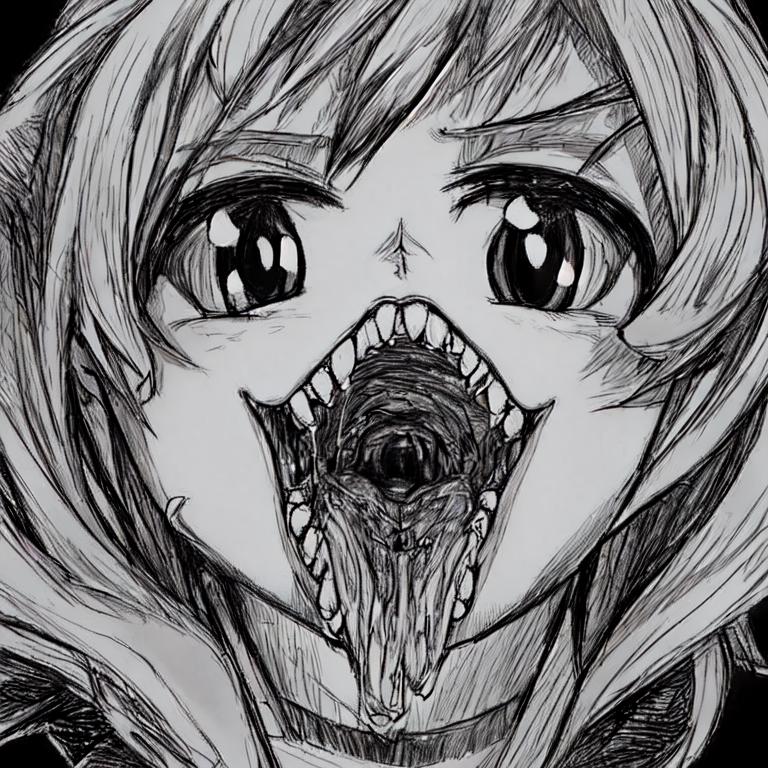 A girl with a big mouth and teeth drawn on her face.