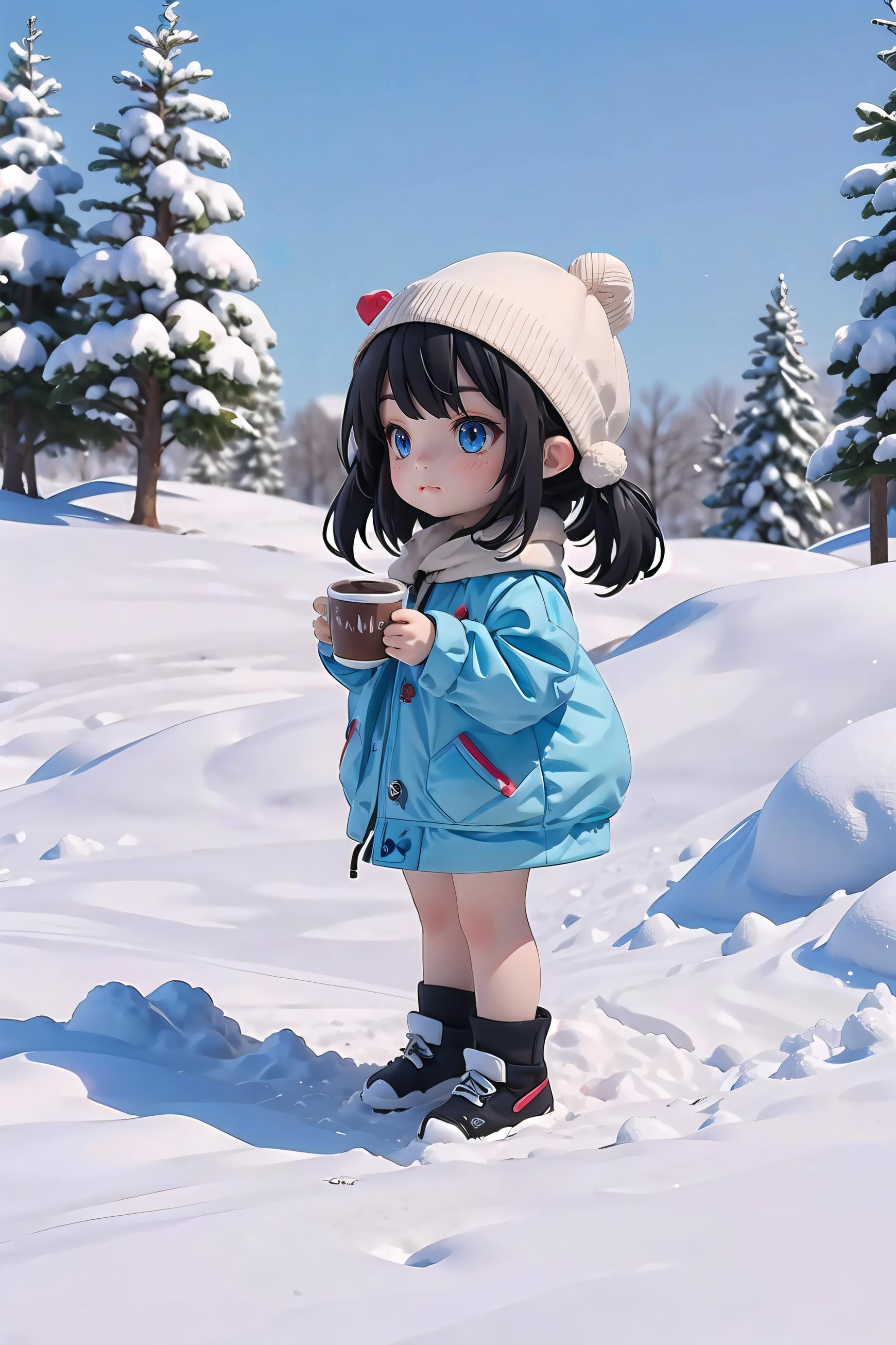 A cartoon girl wearing a blue jacket and white hat, standing in the snow and holding a coffee mug.