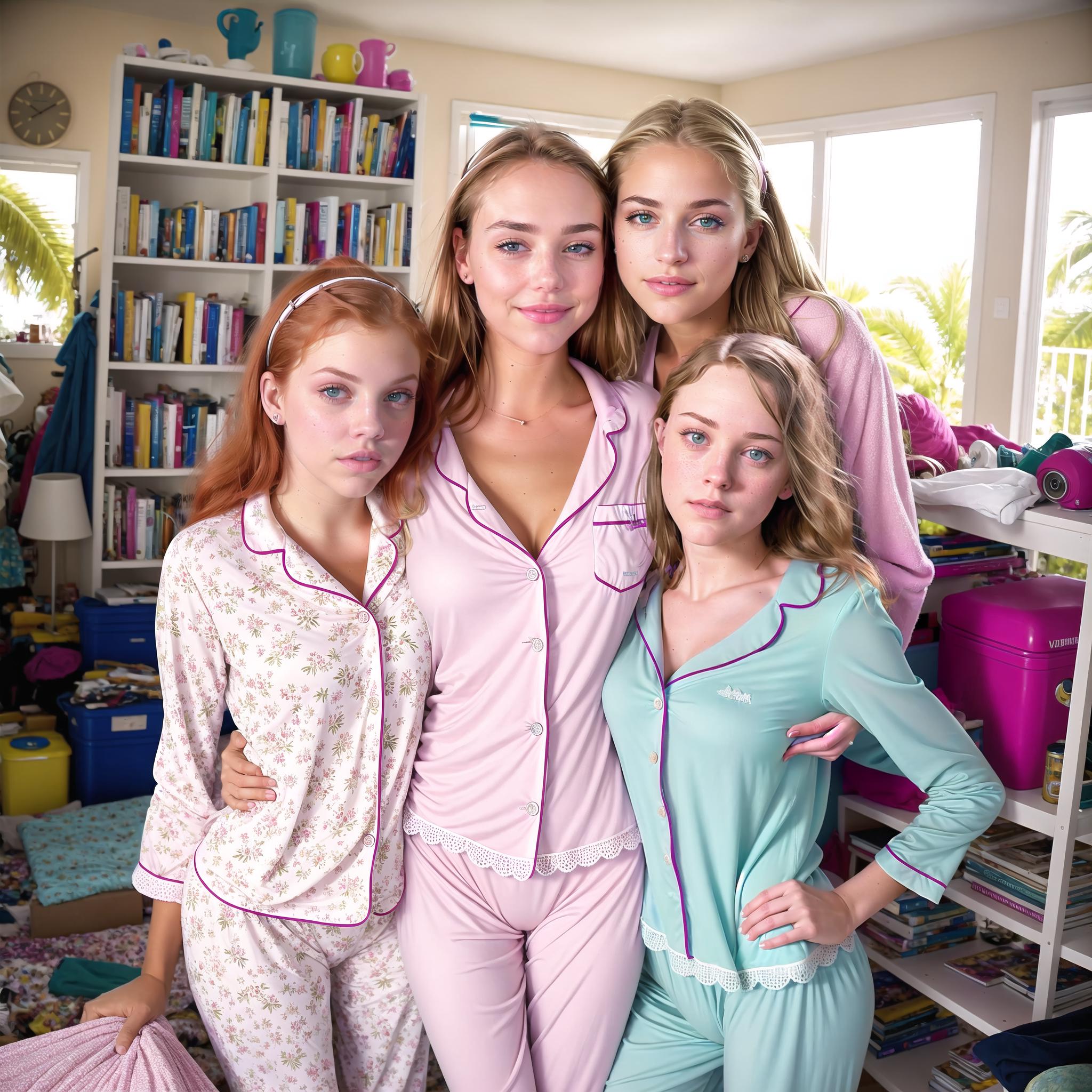 Four girls in matching pajamas posing together.