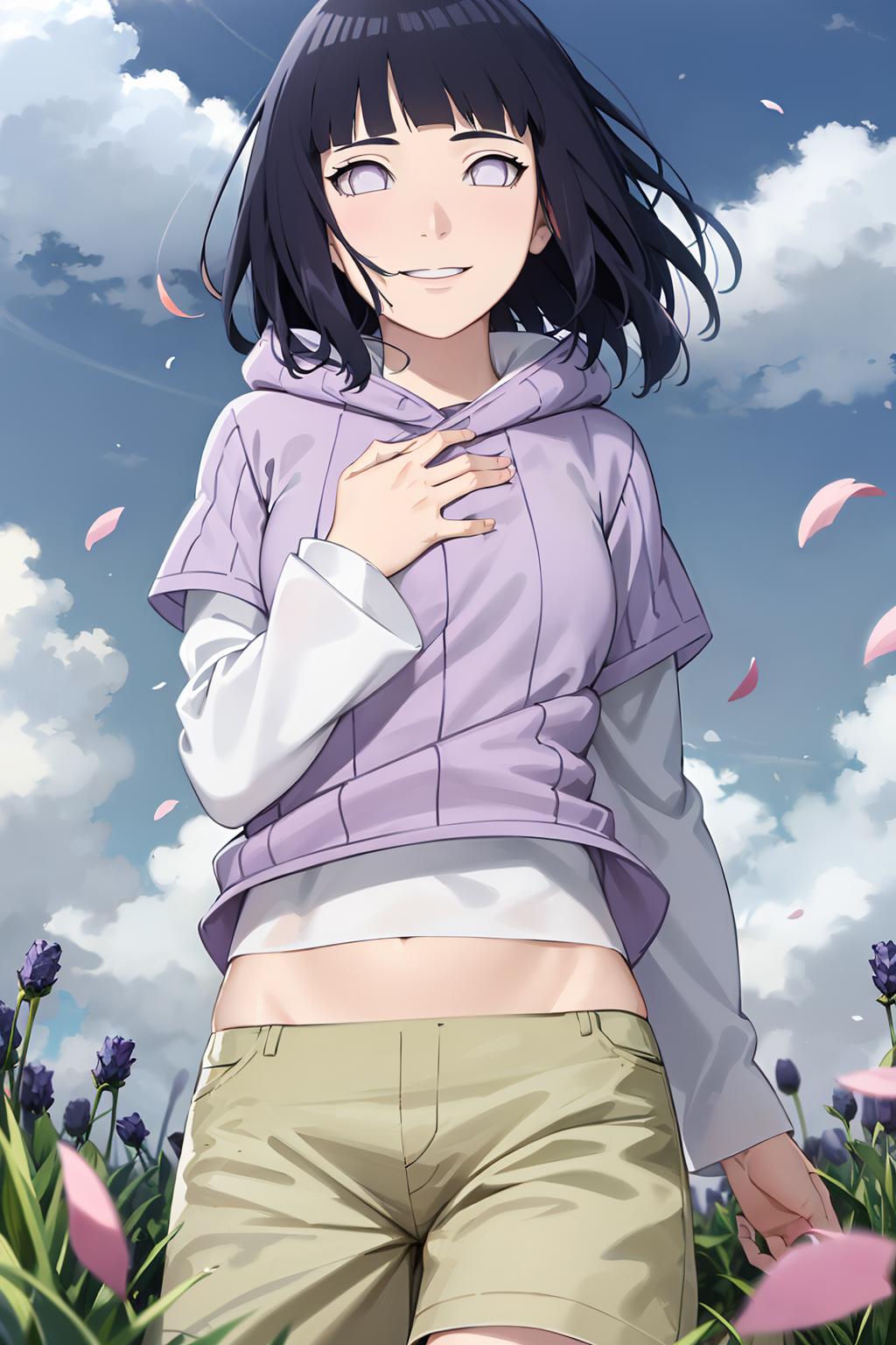 A young woman wearing a purple hoodie and white shirt with her hands on her chest and purple flowers in the background.