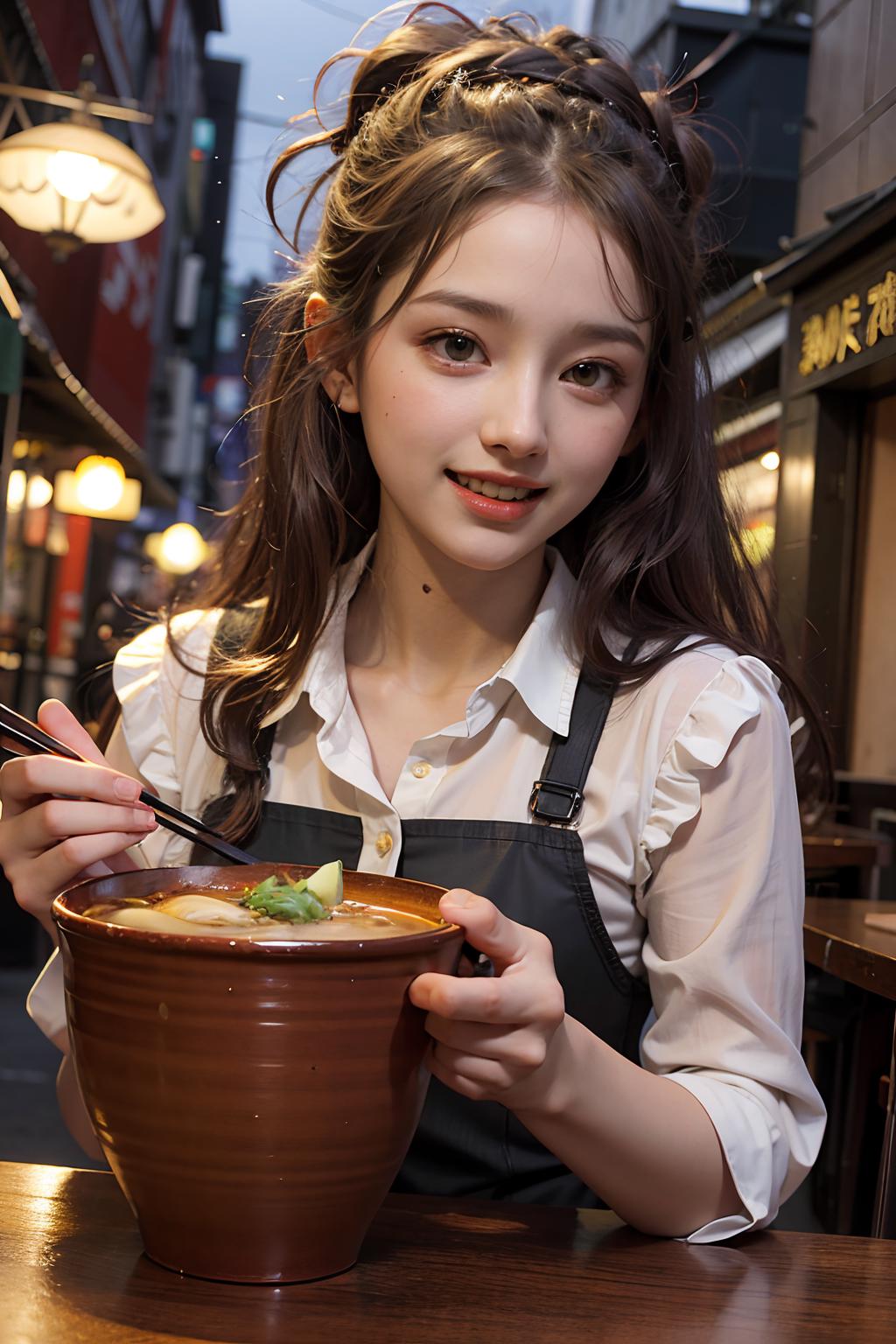 A young woman holding a bowl of soup with a spoon in her hand.