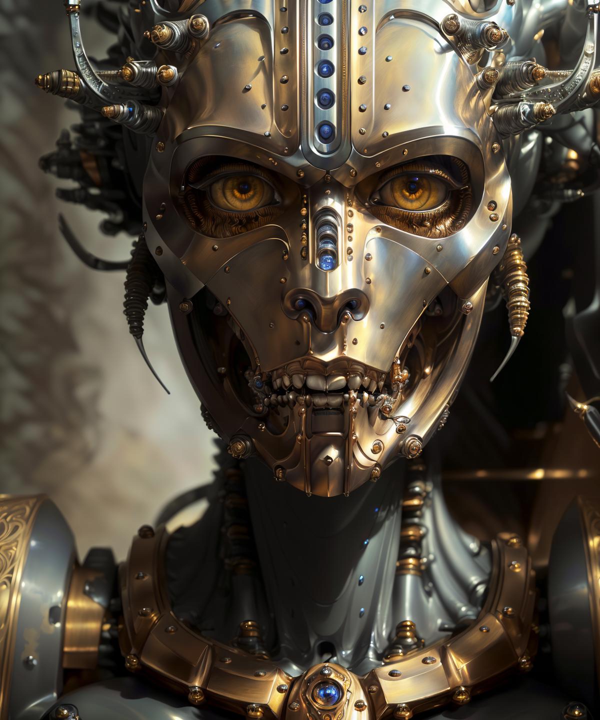 A robot sculpture with a silver face and gold accents.
