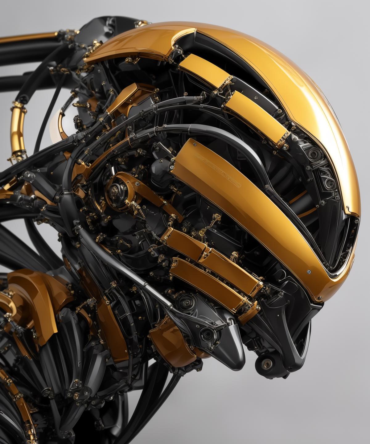 A close-up of a robot's head with gold and black parts.