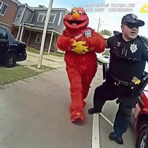 Police Officer Escorting a Sesame Street Elmo Character