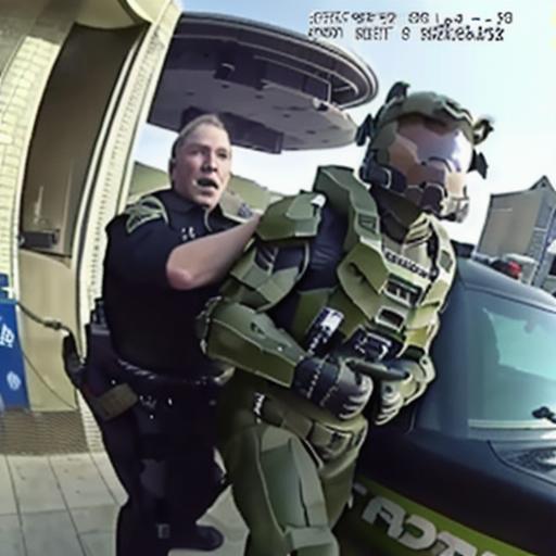 A police officer is holding a man wearing a green suit.