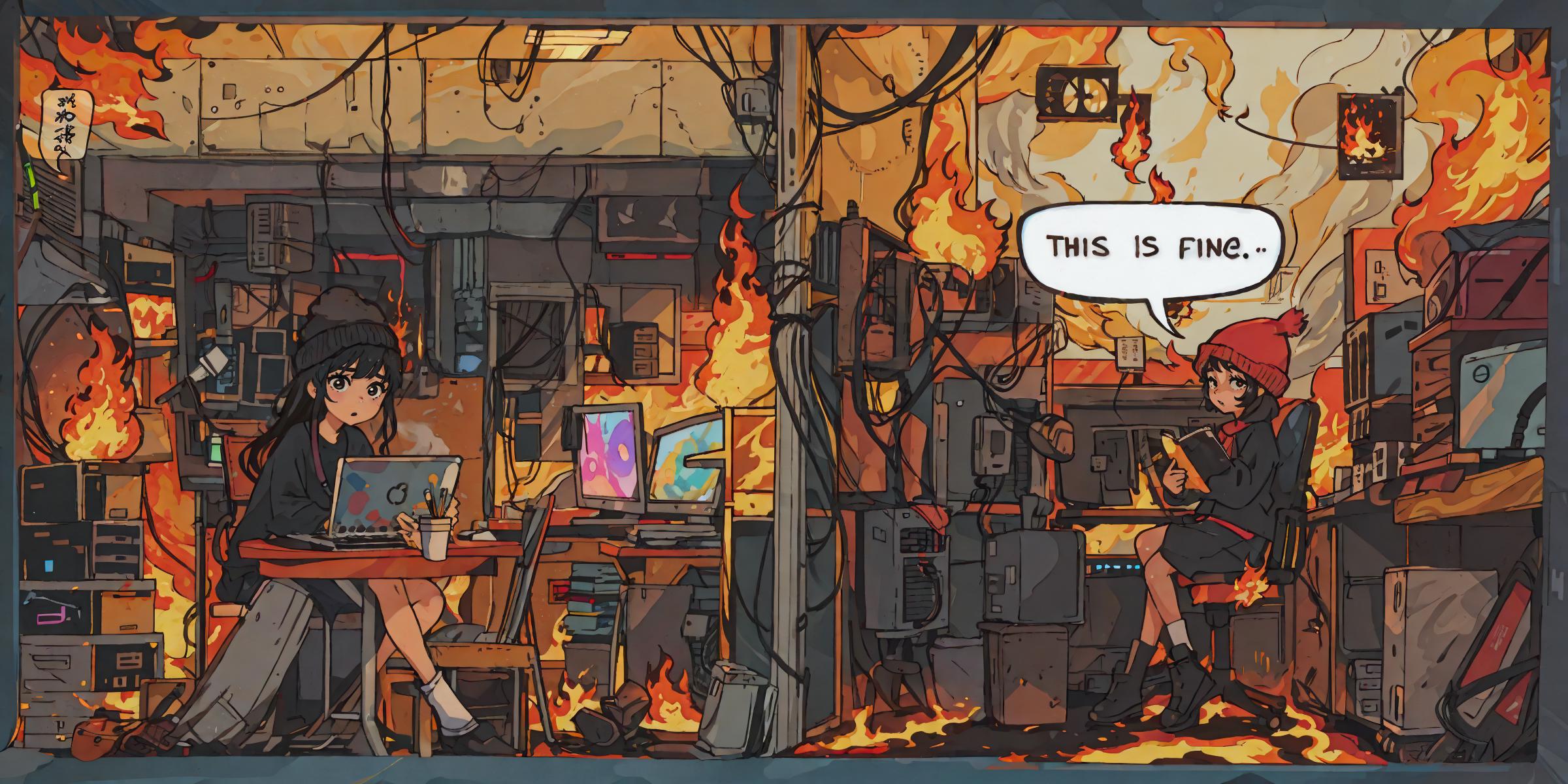 A comic illustration of a burning office with a woman and a computer on a desk.