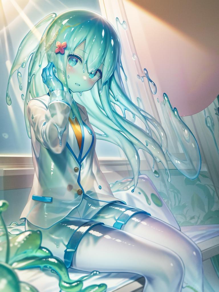 A cartoon girl with blue hair sitting in a puddle.