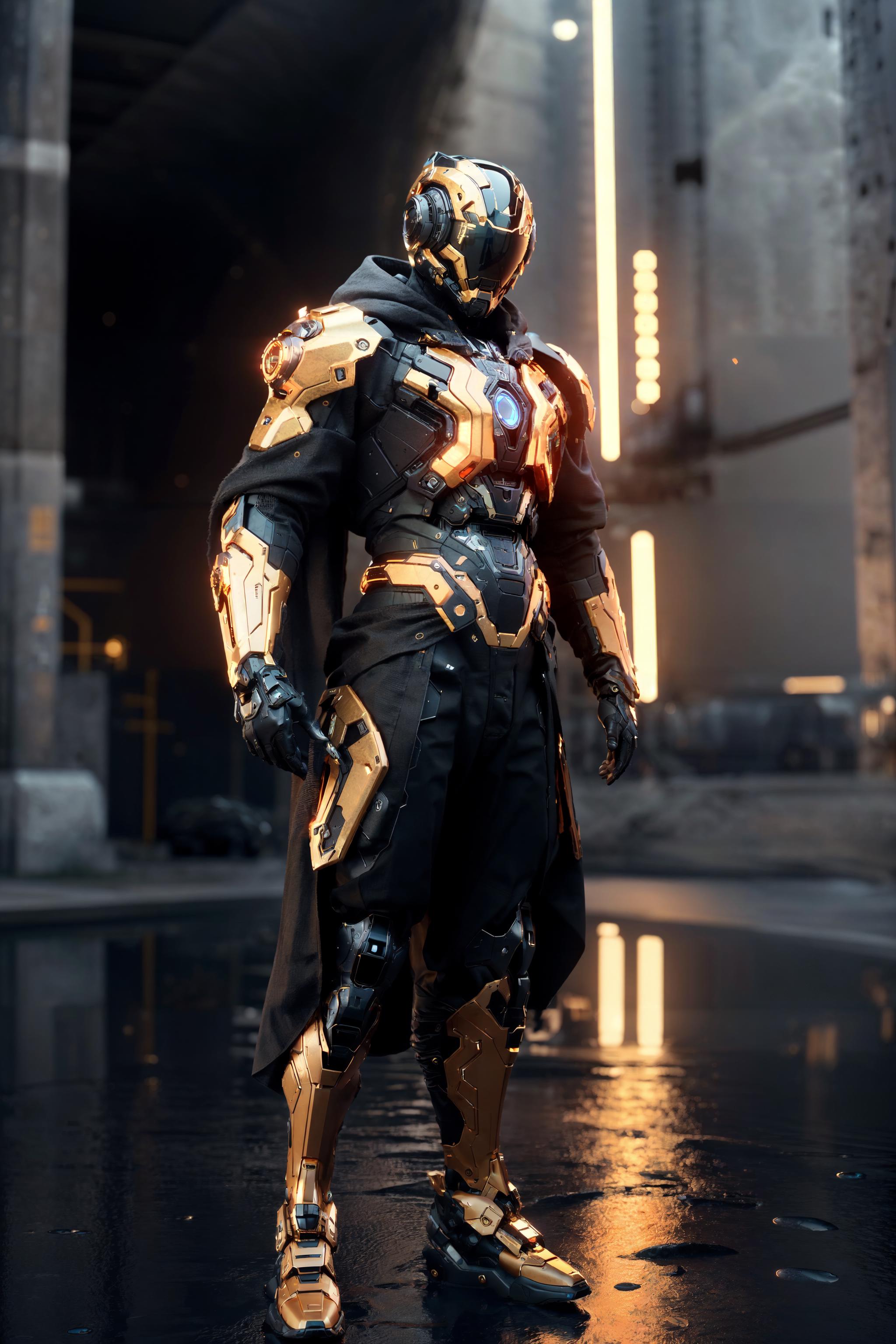 A robotic figure with a cape and gold armor.