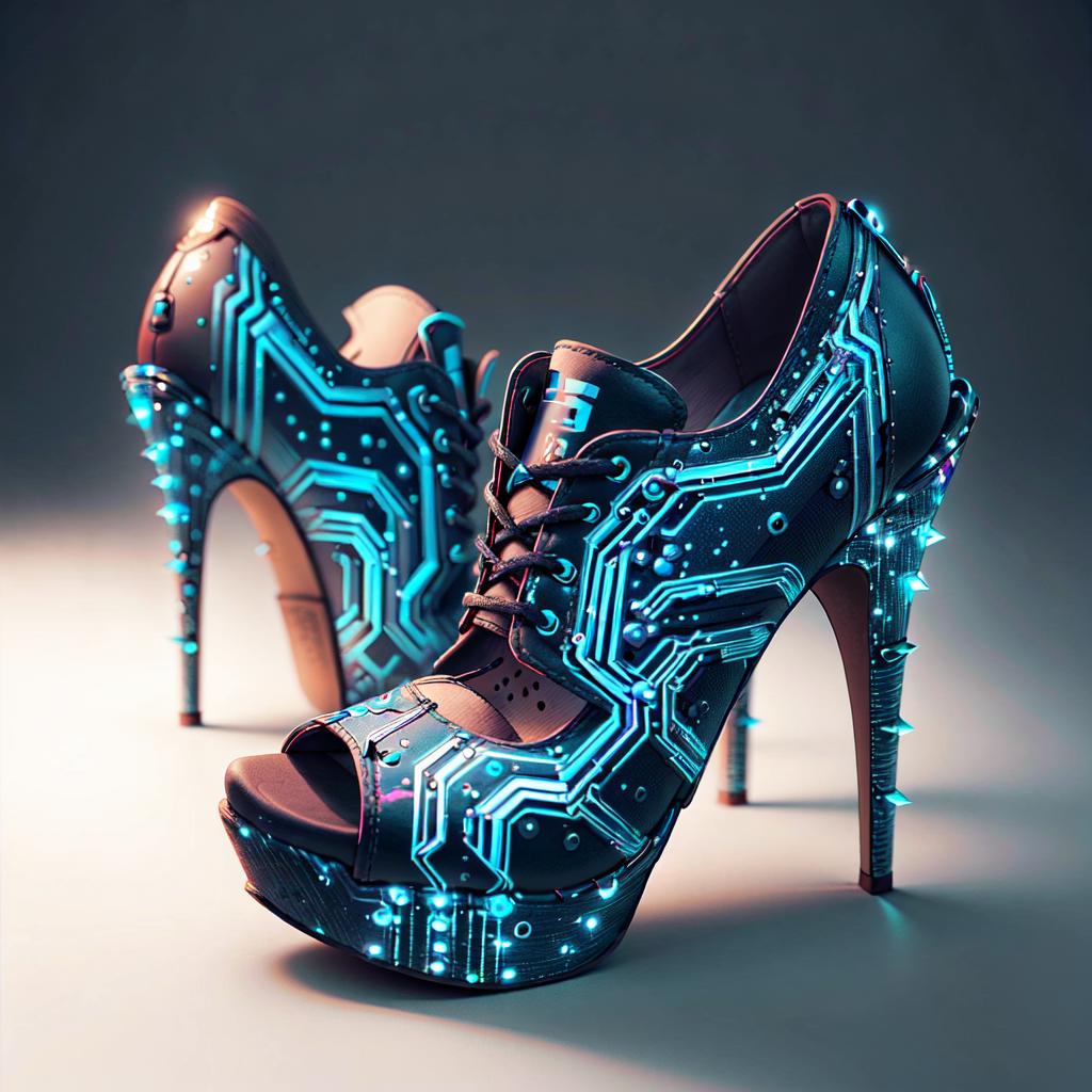 A pair of blue high heels with a computer circuit board design.
