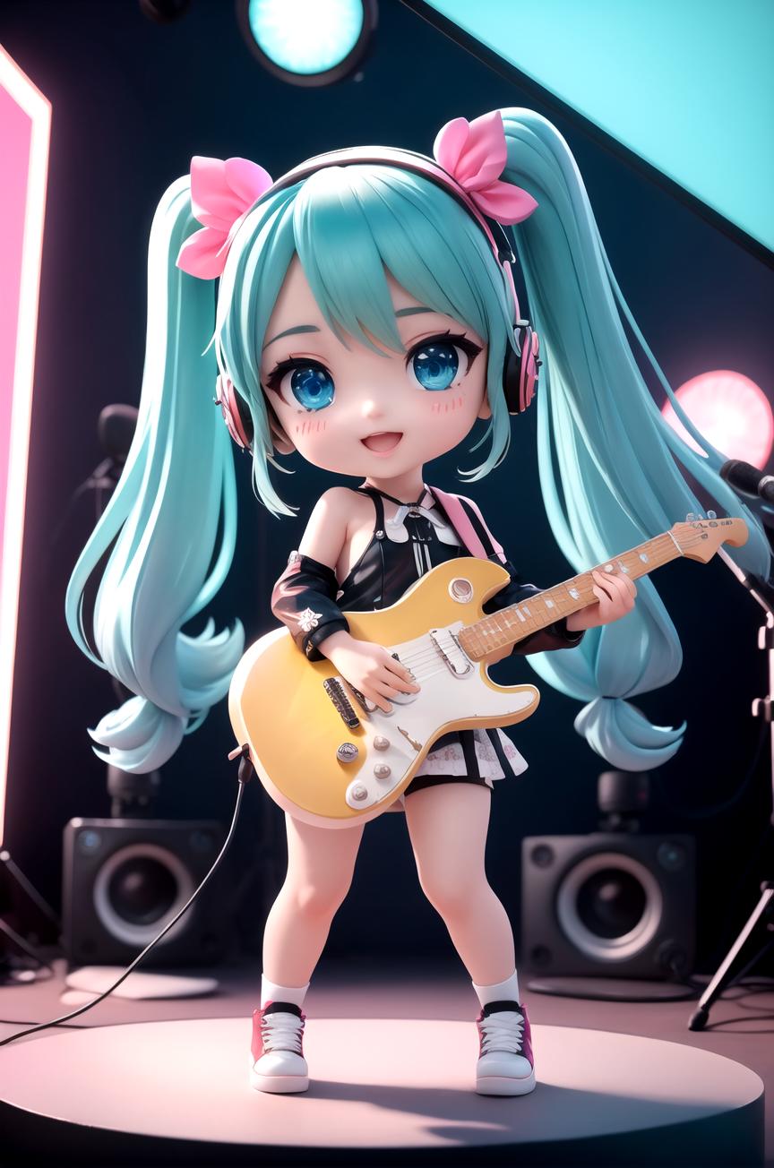 A doll dressed as a rockstar playing a guitar.